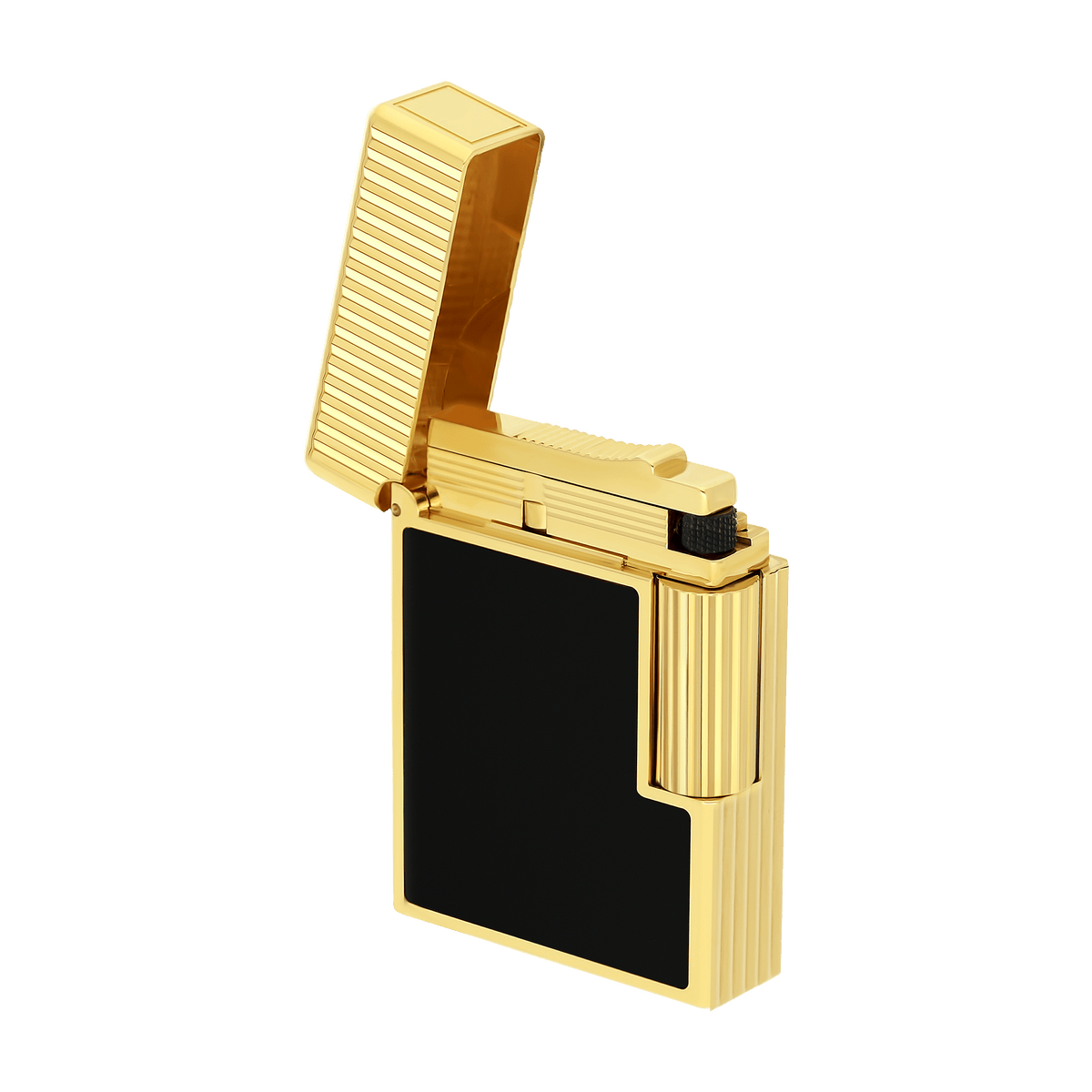 The 2025 S.T. Dupont Ligne 1 in gold with a black lacquer panel, shown open